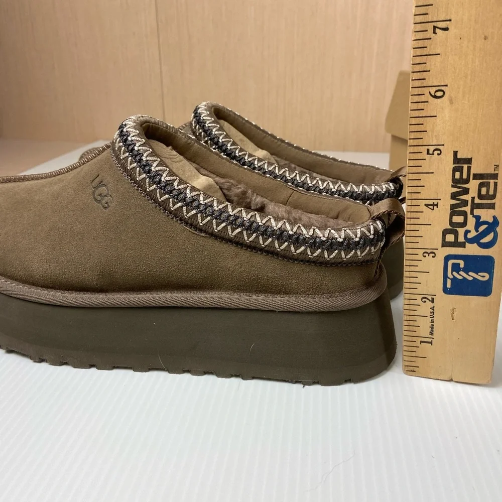 UGG Tazz Platform Slippers Womens 9 Driftwood Taupe Suede Plush Lined Shoes - Picture 4 of 14